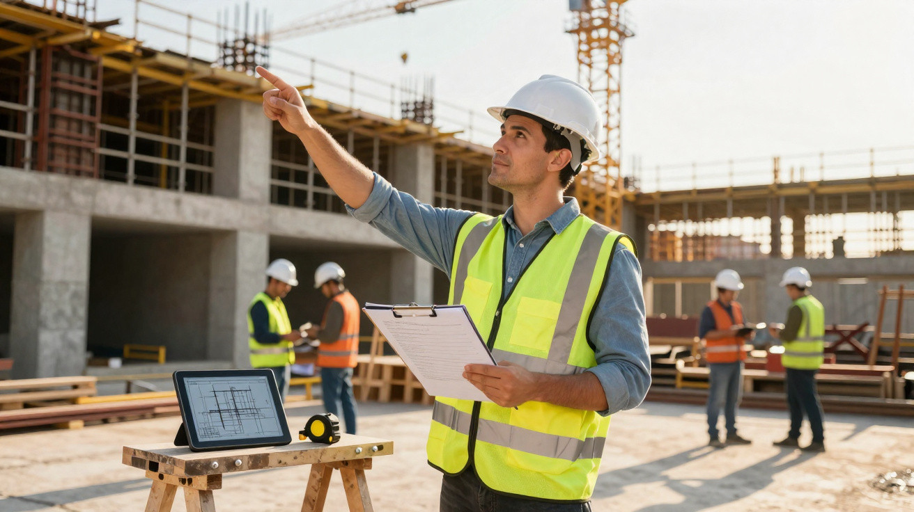 Engenheiro aponta para obra em construção com capacete e colete refletivo, segurando prancheta.