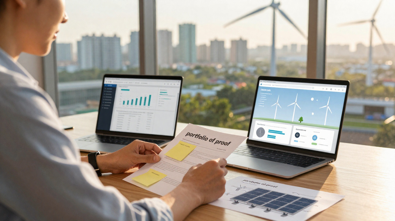 Pessoa analisando gráficos de energia renovável em dois notebooks com parques eólicos ao fundo.