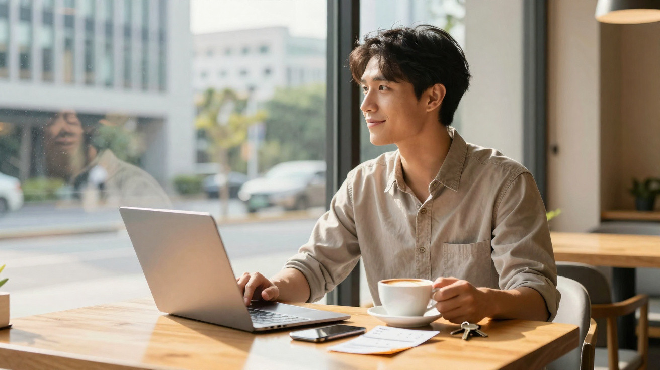 Jovem em café olhando pela janela, segurando xícara e usando laptop sobre mesa de madeira.