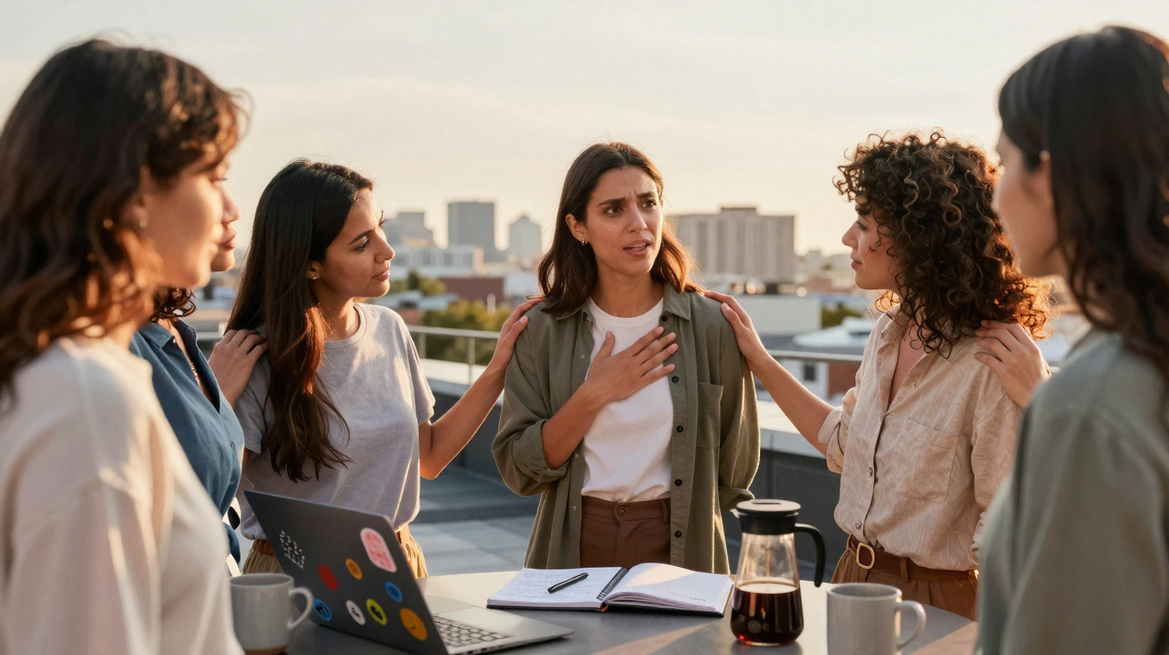 Grupo de mulheres em reunião ao ar livre, uma delas parece preocupada e as outras oferecem apoio.