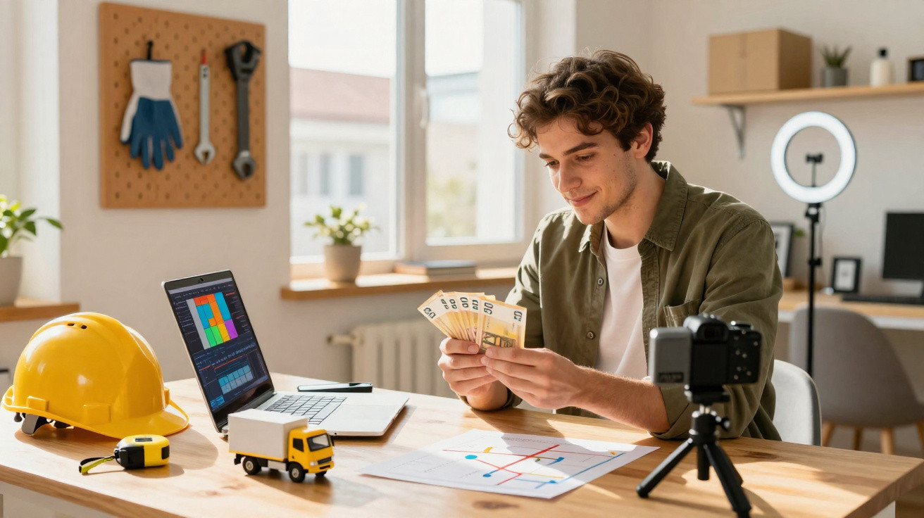 Jovem sentado à mesa com microfone e maquete, segurando notas de dinheiro e olhando o laptop.