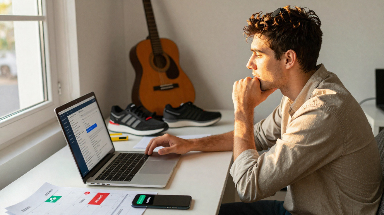 Homem jovem sentado à mesa usando laptop em ambiente iluminado, com violão e tênis ao fundo.
