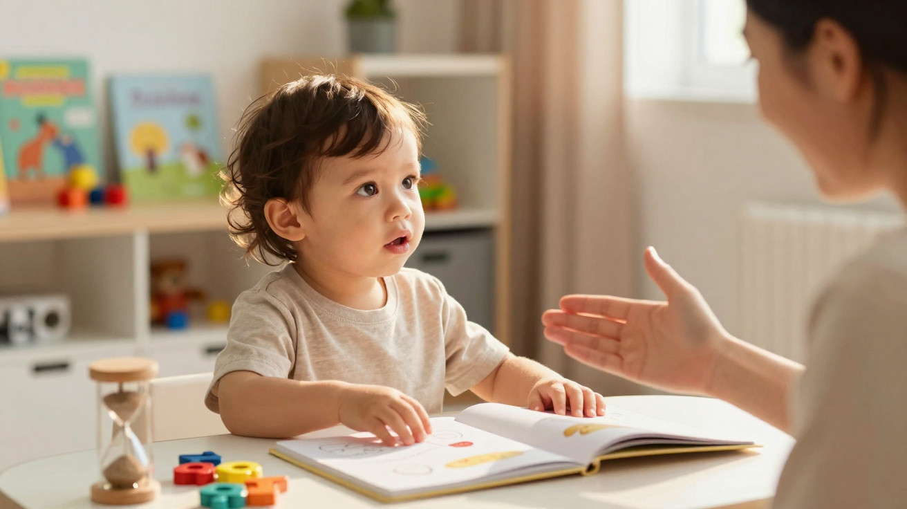 Criança sentada à mesa com livro aberto, olhando para adulta que conversa, em ambiente educativo.