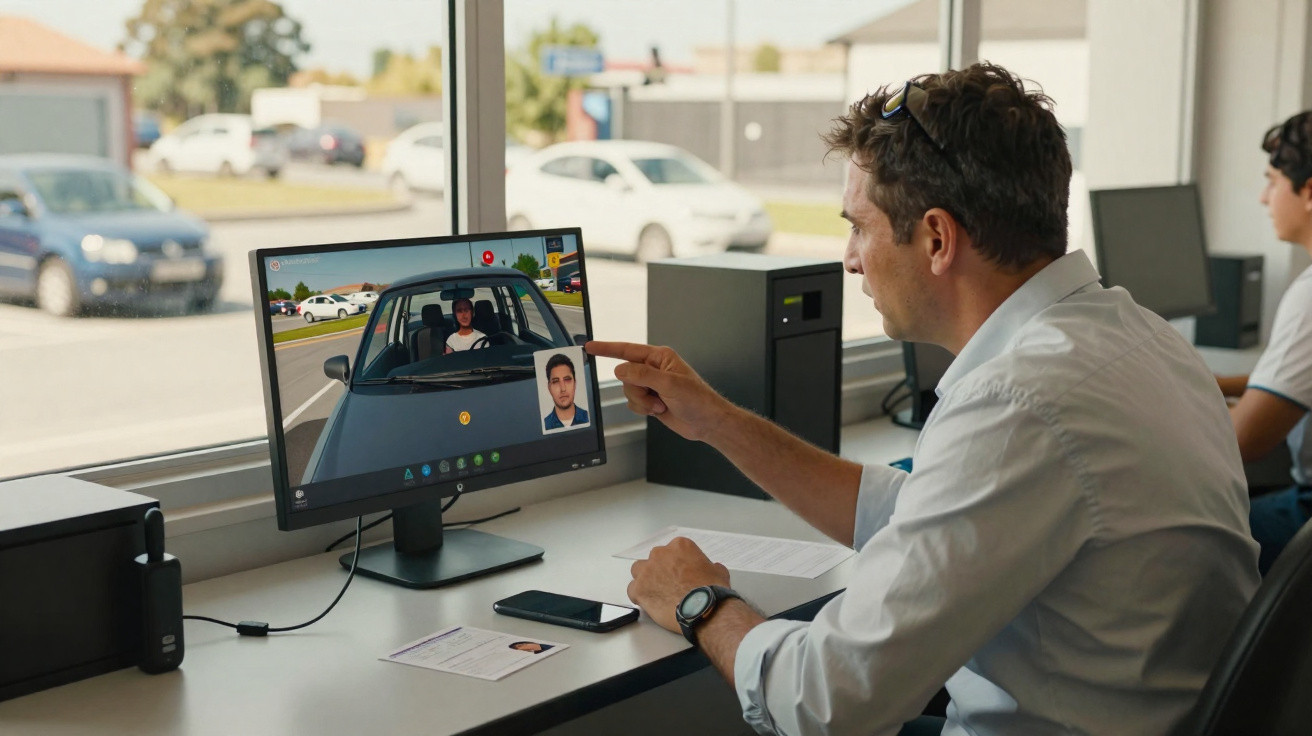Homem realiza avaliação virtual de direção segurando carteira de motorista próximo a computador.