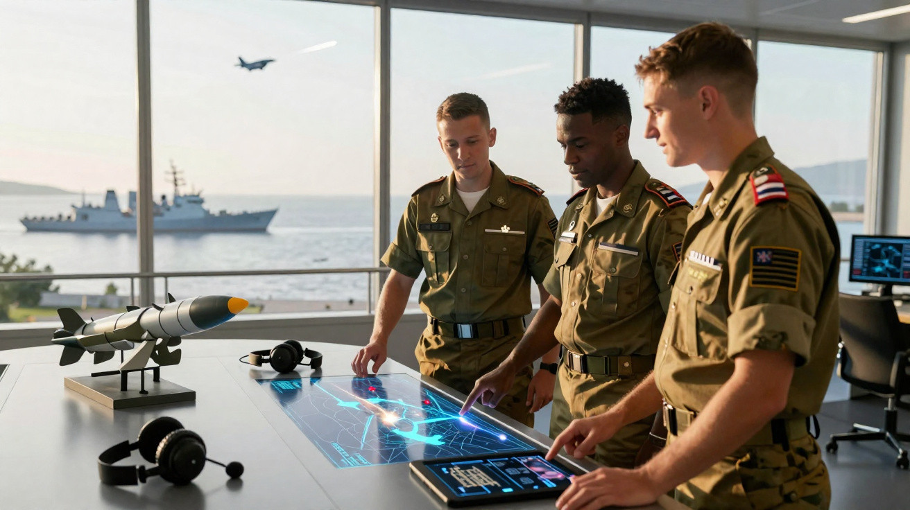 Quatro militares analisam um holograma tecnológico em mesa com artefato bélico e navio ao fundo.