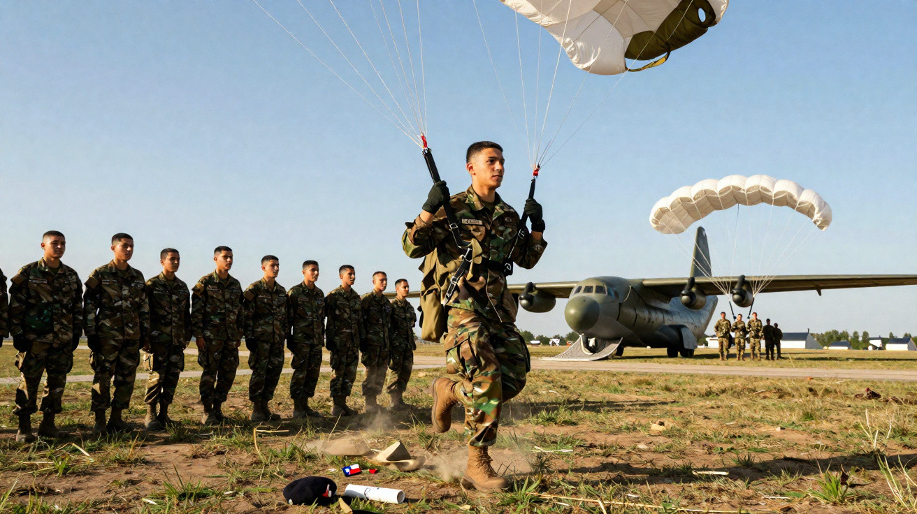 Militar em paraquedismo aterrissa diante de soldados alinhados com avião militar ao fundo em dia claro.