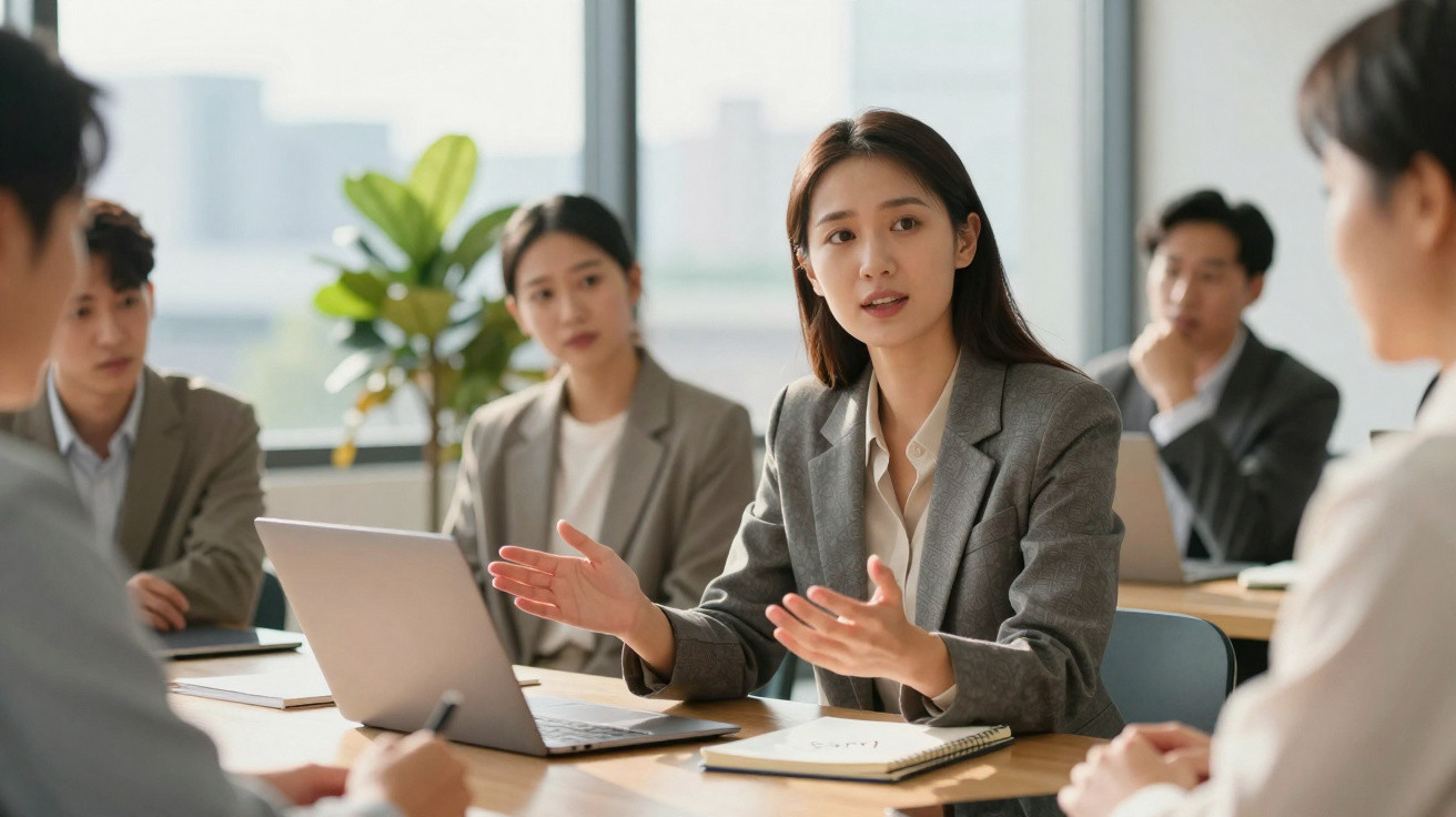 Mulher em reunião de negócios explicando algo para colegas ao redor de mesa com laptops e cadernos.