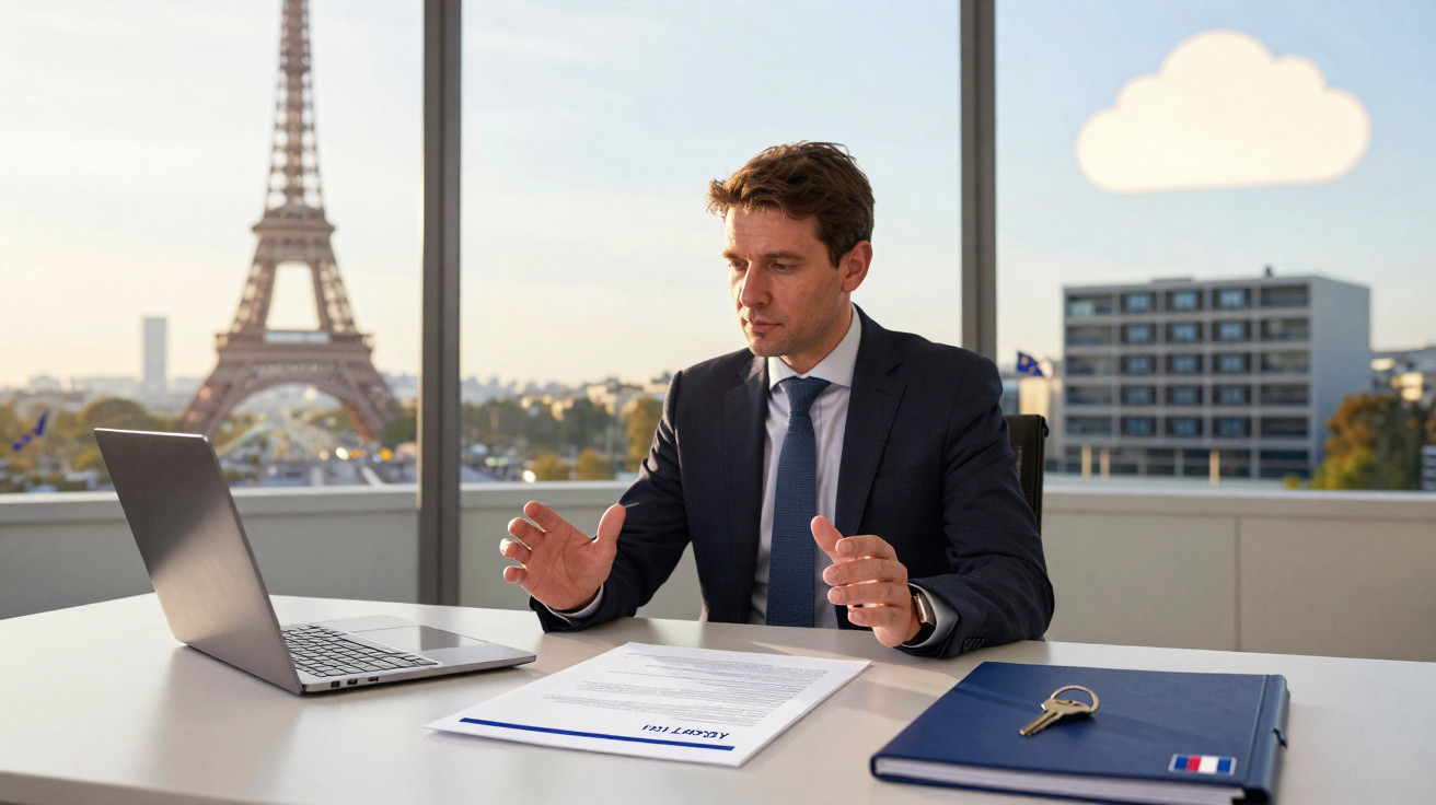 Homem de terno em videoconferência com a Torre Eiffel ao fundo, em escritório moderno com janela ampla.