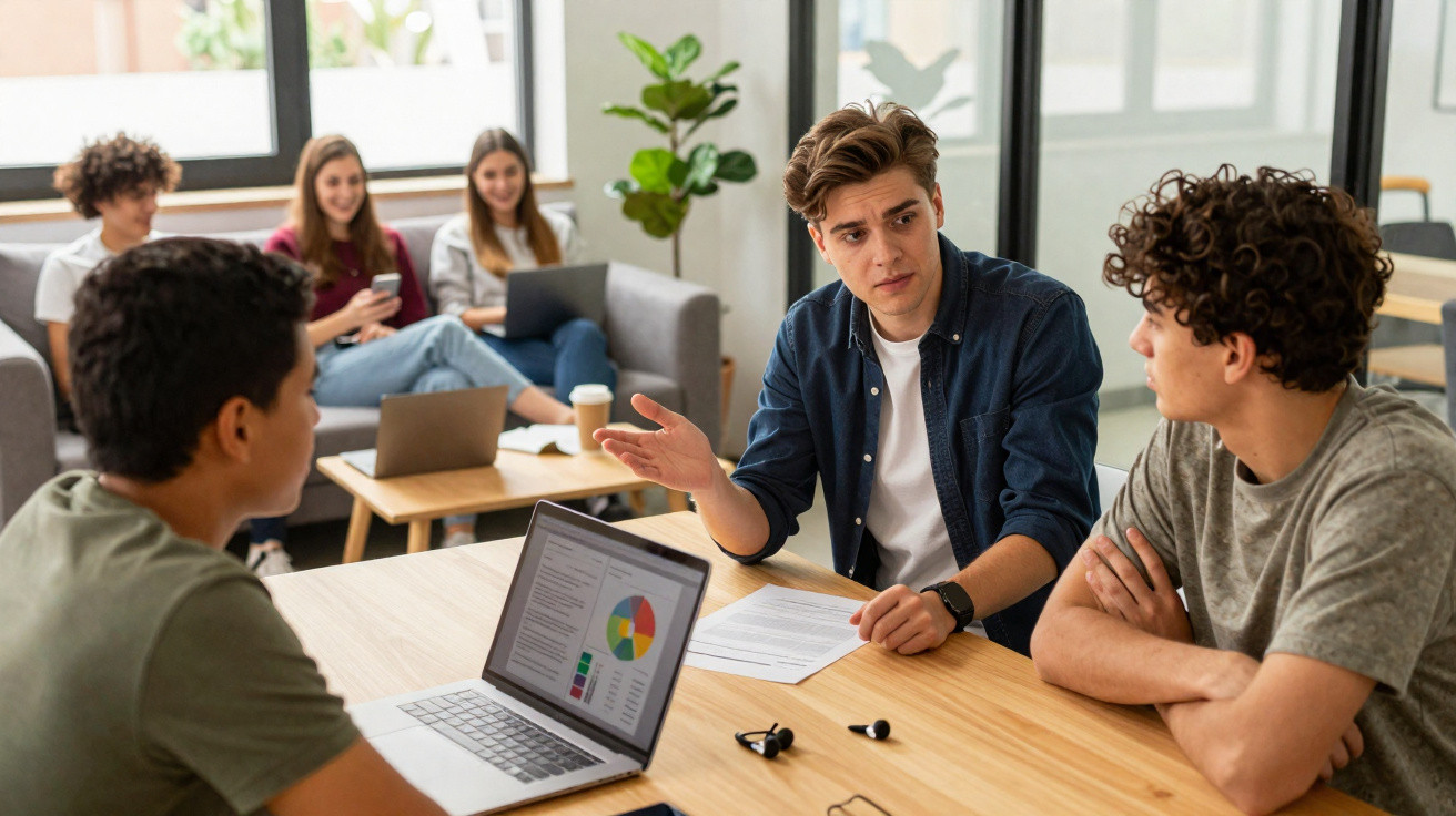 Grupo de jovens discutindo gráficos e dados em laptops durante reunião em ambiente de trabalho moderno.