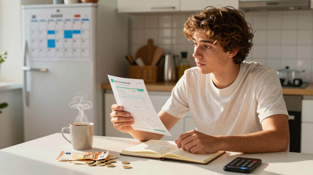 Jovem sentado à mesa lendo fatura de cartão com café, dinheiro e calculadora ao lado.