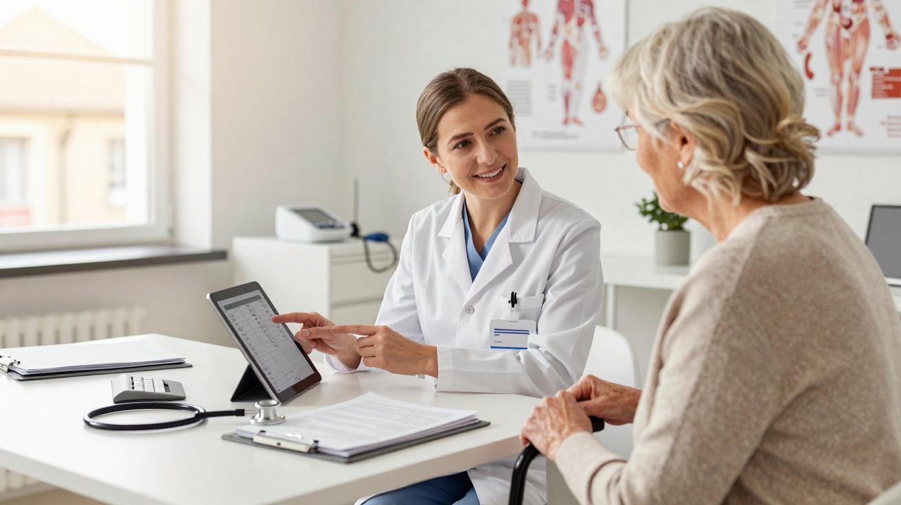Médica mostrando resultados em tablet para paciente idosa em consultório clínico iluminado.