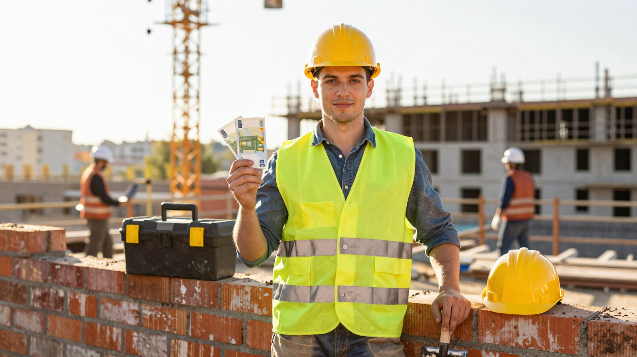 Homem com colete refletivo e capacete amarelo segura dinheiro em obra de construção civil.