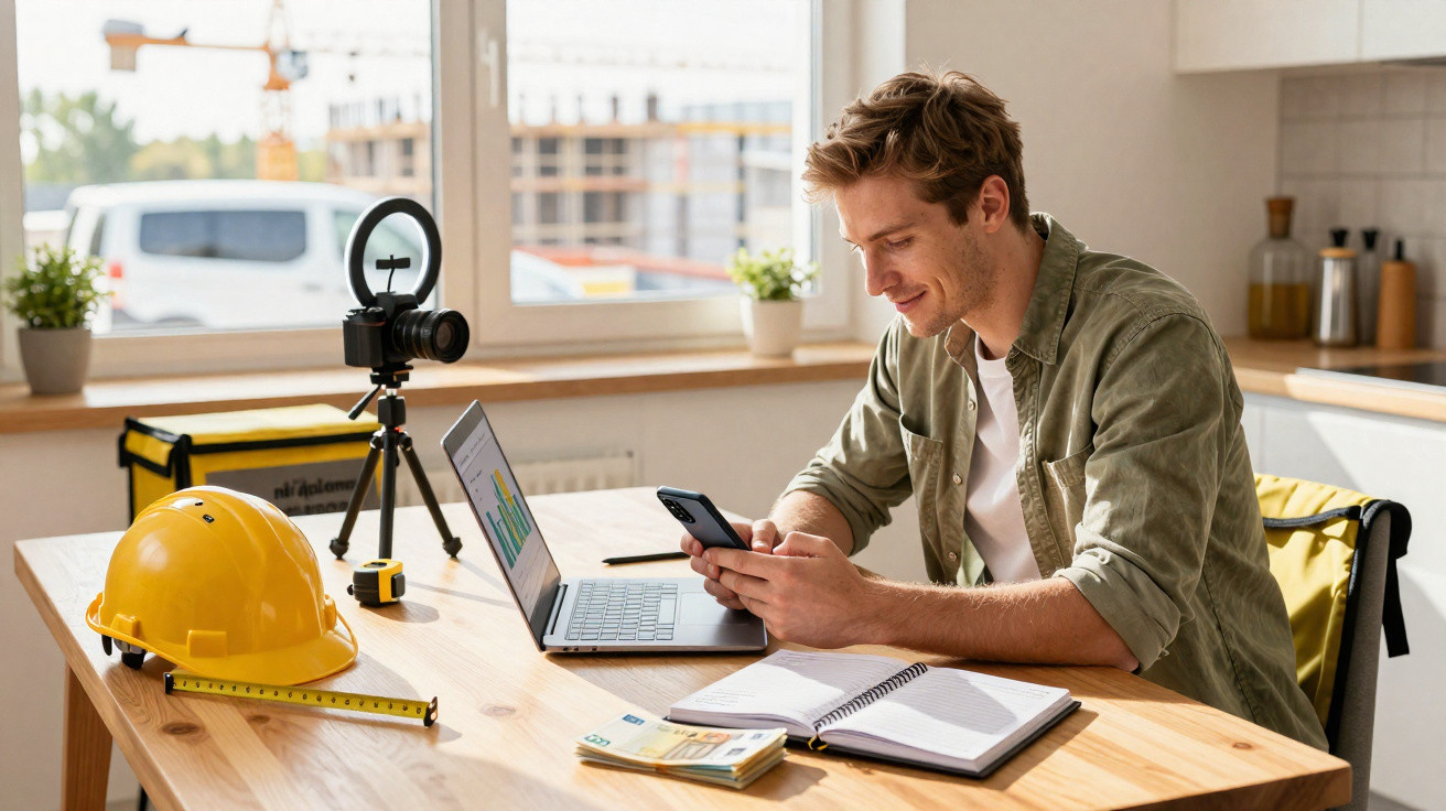 Jovem usando dois celulares sentado à mesa com laptop, livro aberto, capacete e equipamentos de trabalho.