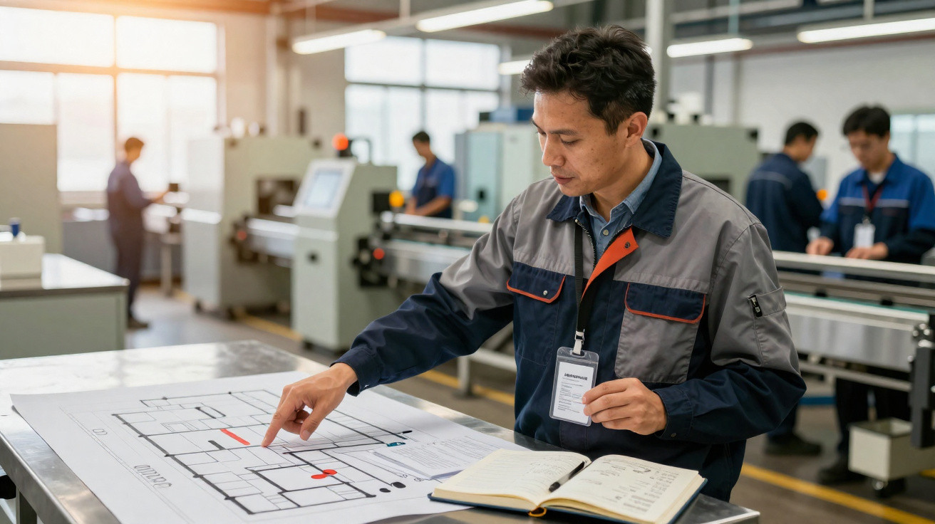Homem com crachá analisa planta industrial em mesa de trabalho na fábrica com máquinas ao fundo.