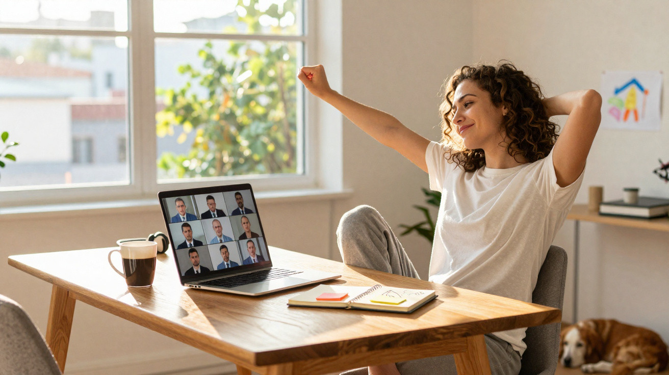 Mulher sorrindo esticando o braço ao participar de videoconferência em casa com laptop na mesa.