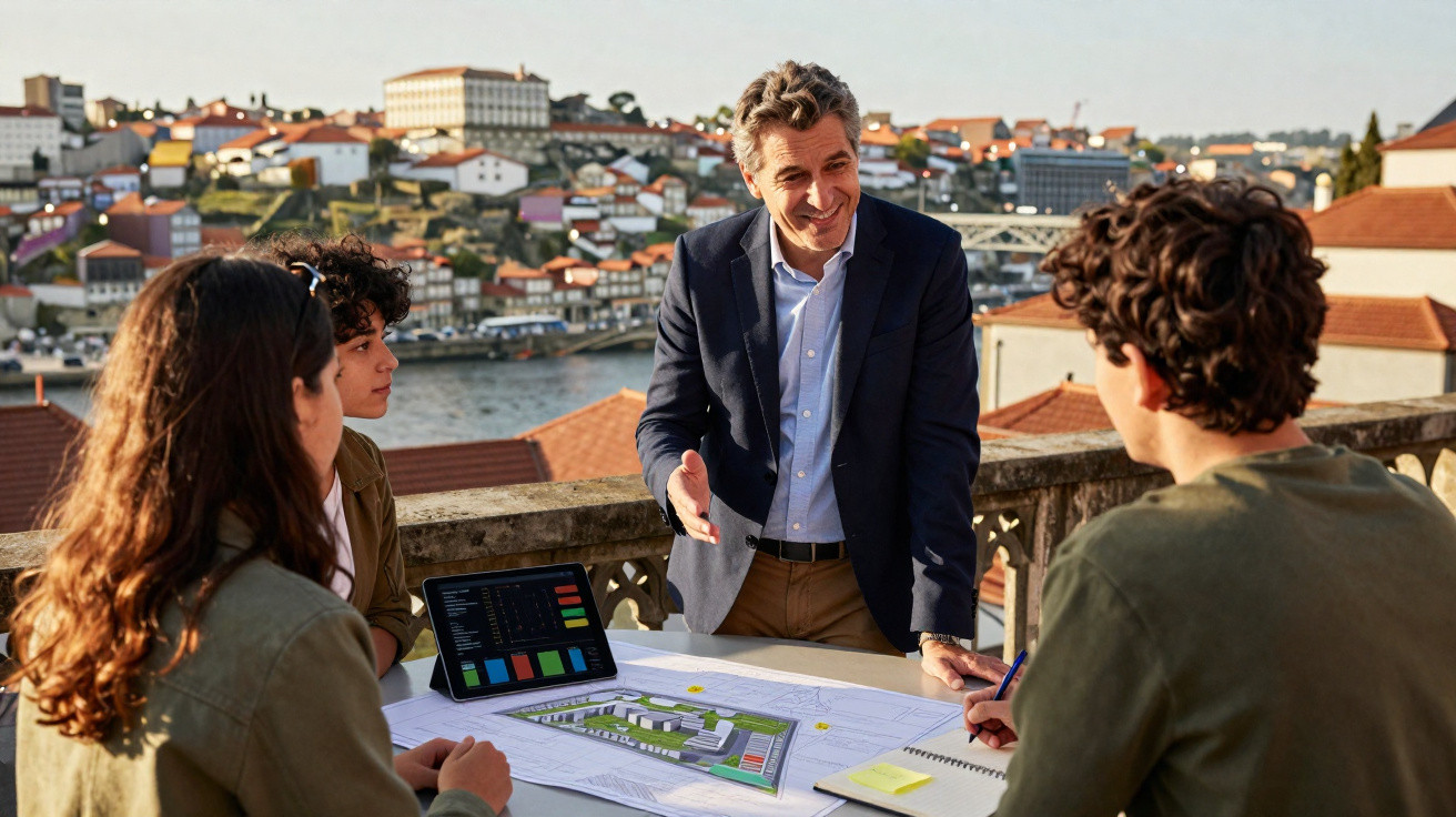Equipe de quatro pessoas discutindo projeto com gráficos e plantas em mesa ao ar livre com cidade ao fundo.