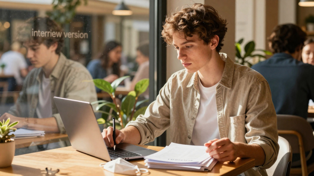 Jovem sentado em cafeteria, escrevendo em caderno com laptop aberto e máscara sobre a mesa.