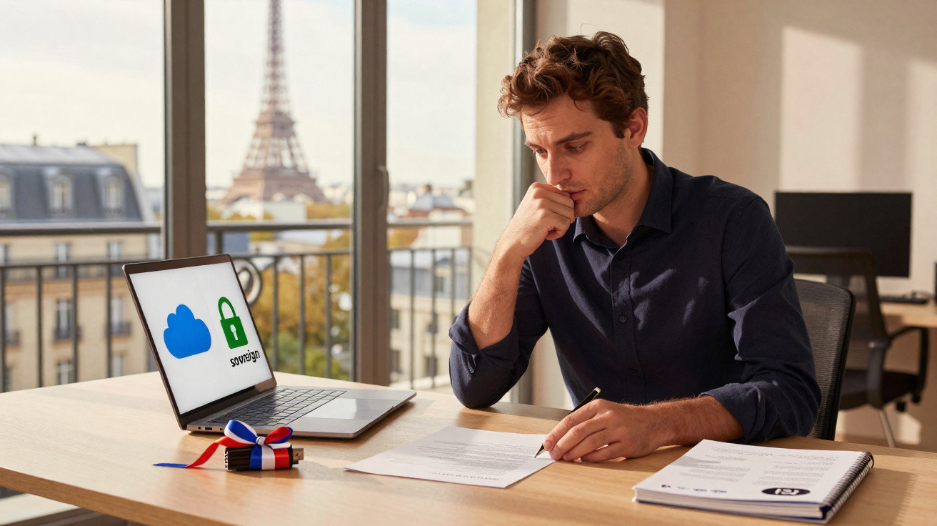 Homem trabalhando em escritório com laptop, documentos e vista da Torre Eiffel ao fundo.
