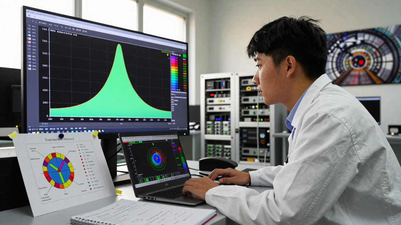 Homem analisando dados científicos em gráficos no computador em ambiente de laboratório moderno.