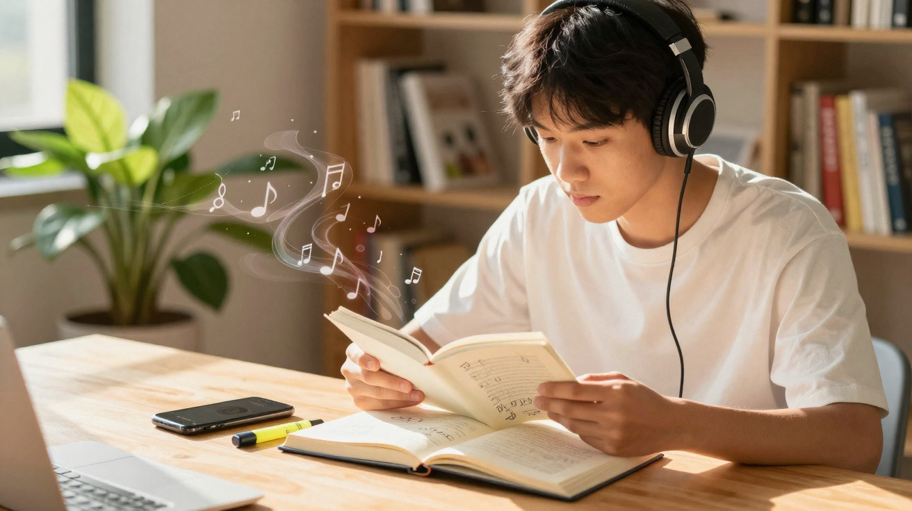Jovem lendo livro e ouvindo música com fones em mesa com livros e smartphone ao lado.