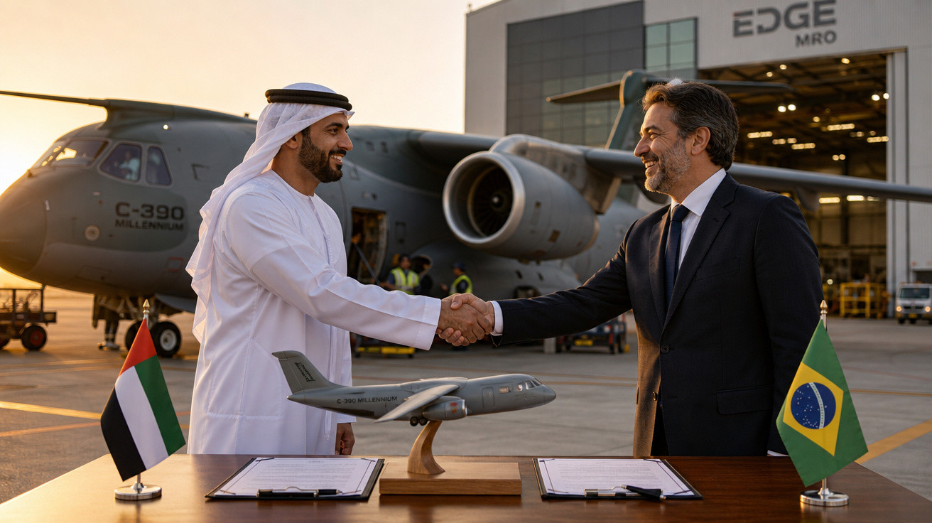 Homens vestindo roupas tradicionais árabes e ocidentais apertam as mãos em frente a avião militar com bandeiras do Brasil e E