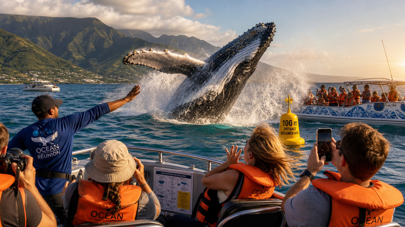 Baleia jubarte saltando perto de barcos com turistas observando e fotografando nas águas costeiras.