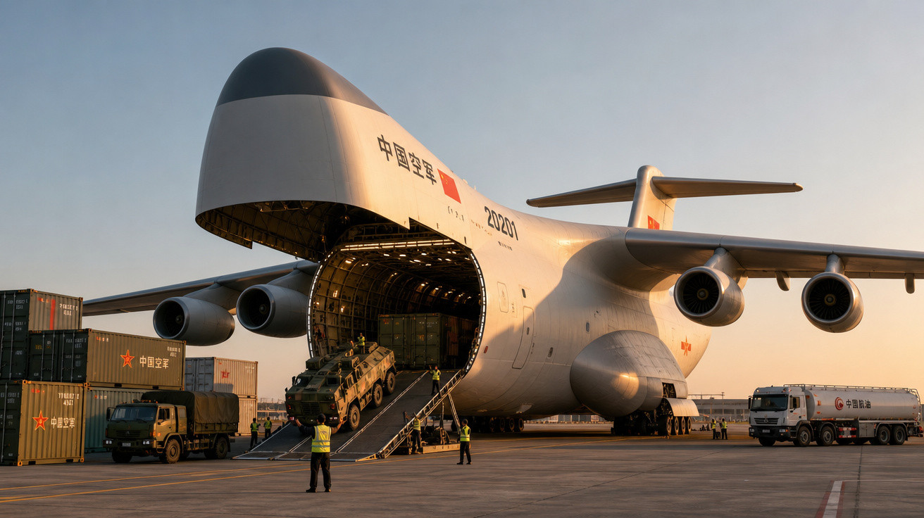 Avião de carga militar chinês carregando veículo blindado com militares e caminhões ao redor.