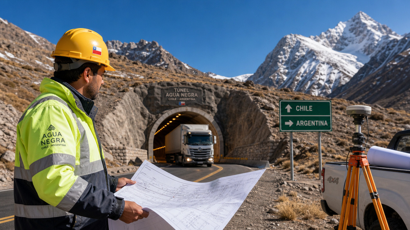 Engenheiro com capacete amarelo e mapa em frente ao túnel Agua Negra entre Chile e Argentina nas montanhas.
