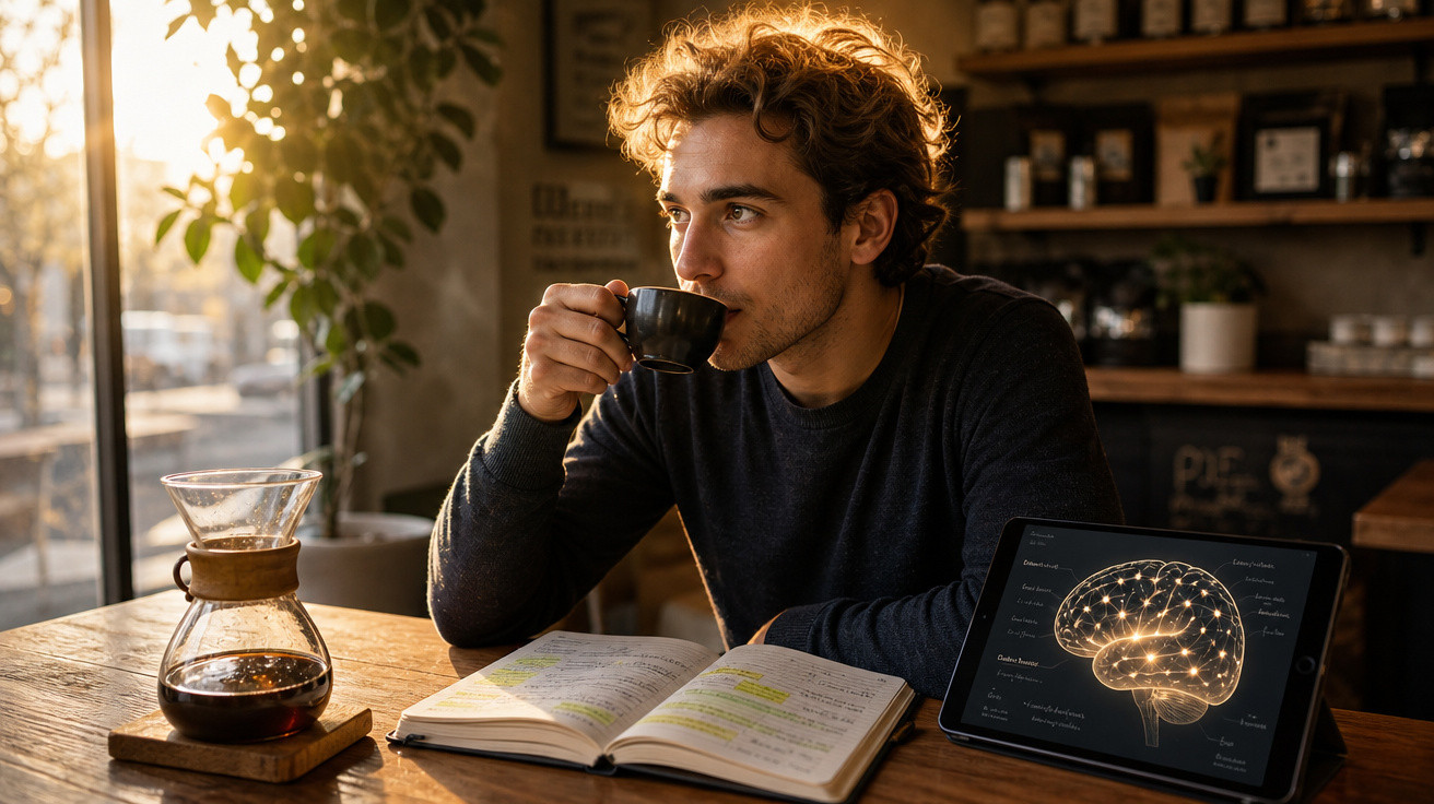Homem tomando café em cafeteria com livro aberto e tablet exibindo imagem de cérebro iluminado.
