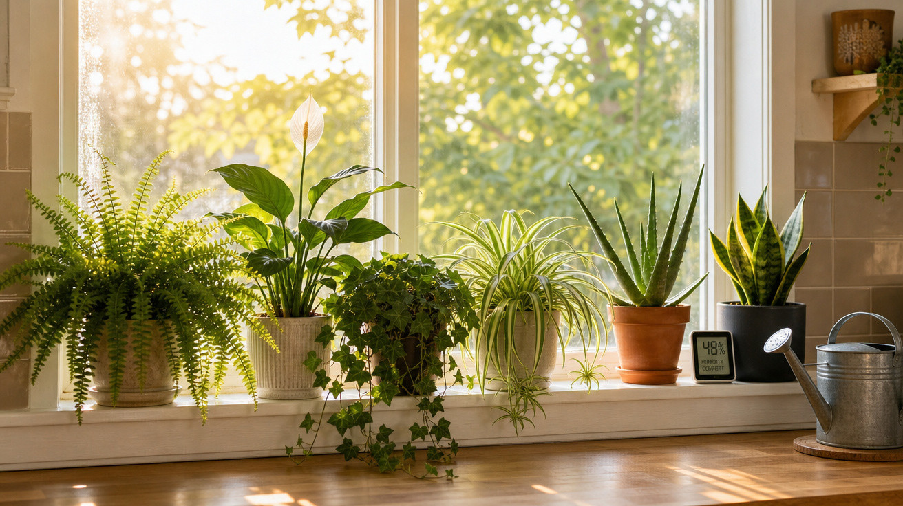 Vasos com plantas variadas em parapeito de janela iluminada pela luz do sol, ao lado de regador e medidor de umidade.