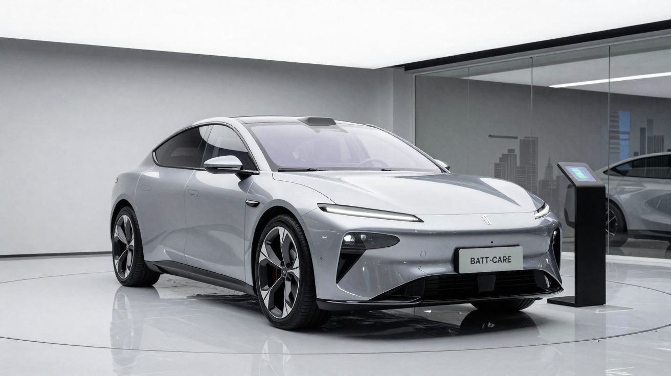 Carro elétrico cinza moderno estacionado em ambiente interno minimalista com piso branco refletivo.