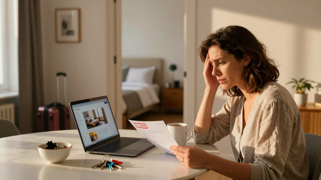Mulher preocupada lendo documentos sentada à mesa com laptop, chave e xícara em ambiente iluminado.
