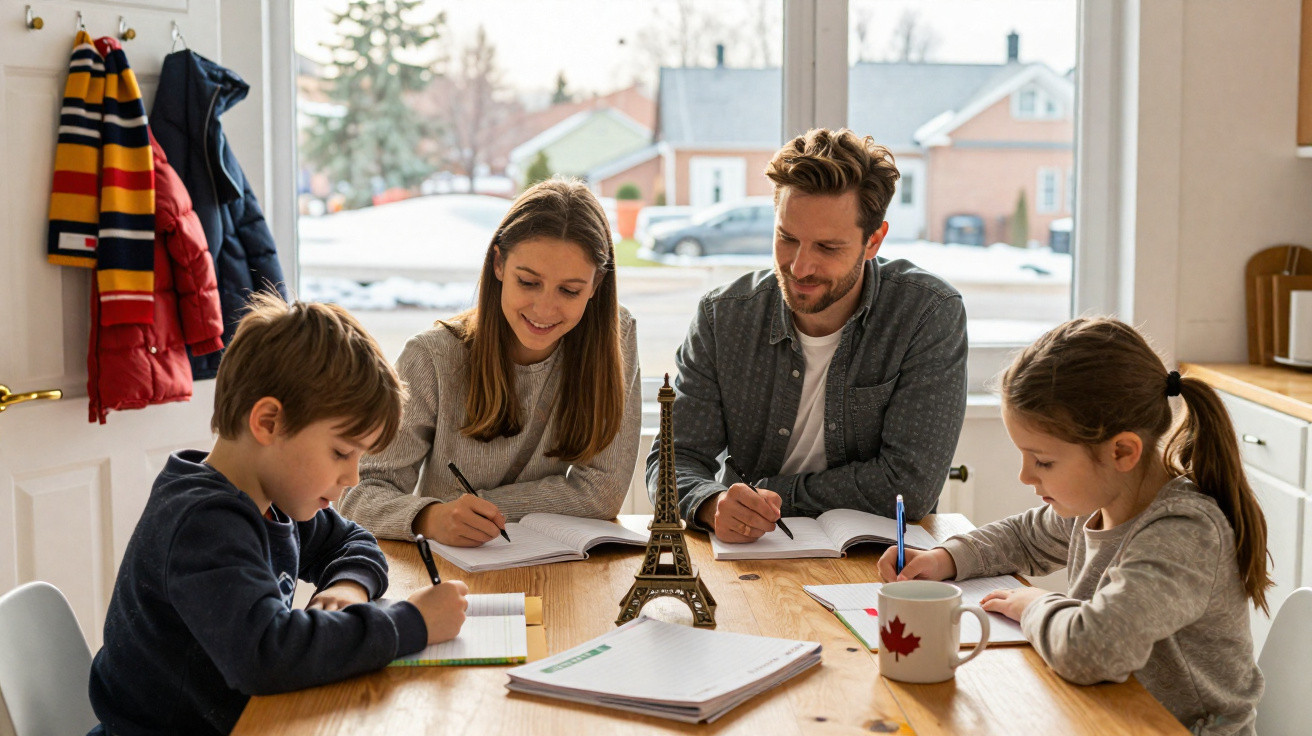 Família estudando junta em mesa de madeira com réplica da Torre Eiffel decorativa ao centro.