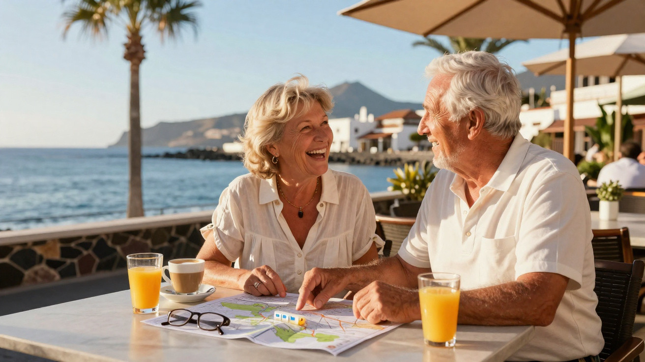 Casal idoso sorrindo enquanto planeja viagem em mapa, sentado em mesa à beira-mar com suco e café.