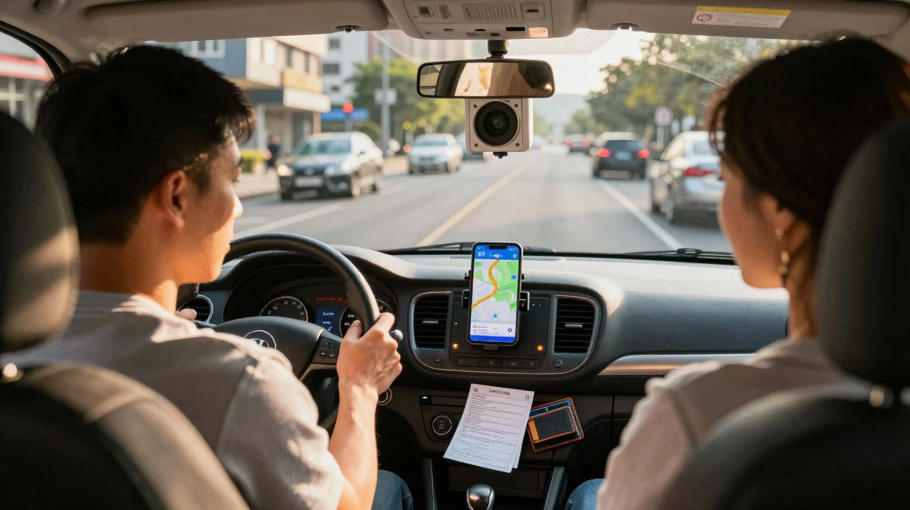 Motorista e passageira em carro com GPS ativado no celular, trafegando por rua urbana em dia ensolarado.