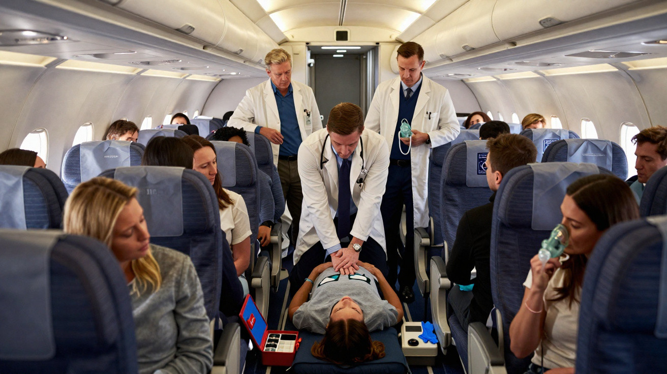 Médicos fazem reanimação cardiopulmonar em passageira desmaiada dentro de avião comercial.