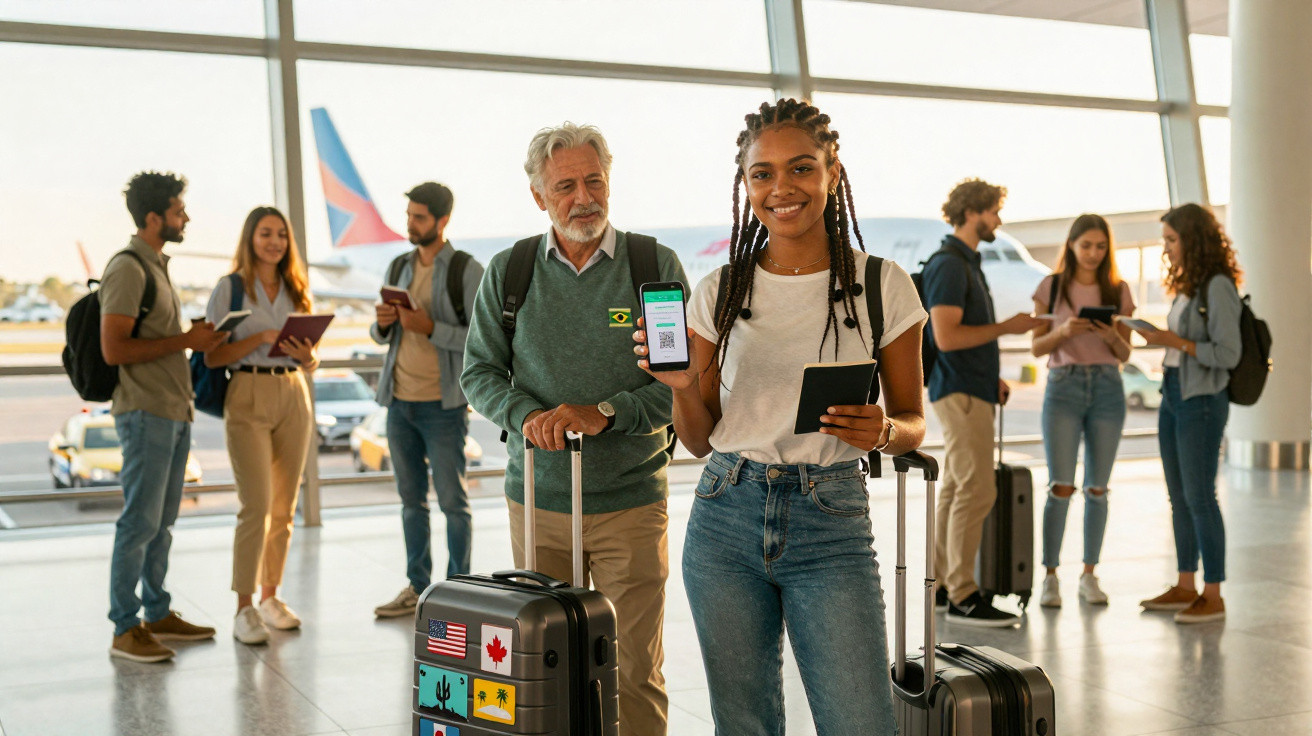 Grupo diverso de passageiros com malas mostrando passagens em aeroporto moderno durante o dia.