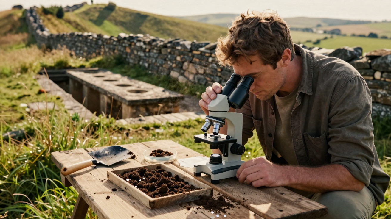 Homem usando microscópio para analisar amostras de solo em área ao ar livre com ferramenta e mesa de madeira.