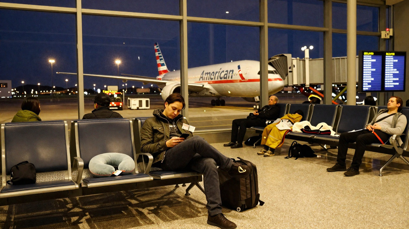 Pessoas aguardando no terminal do aeroporto à noite com avião da American Airlines ao fundo.