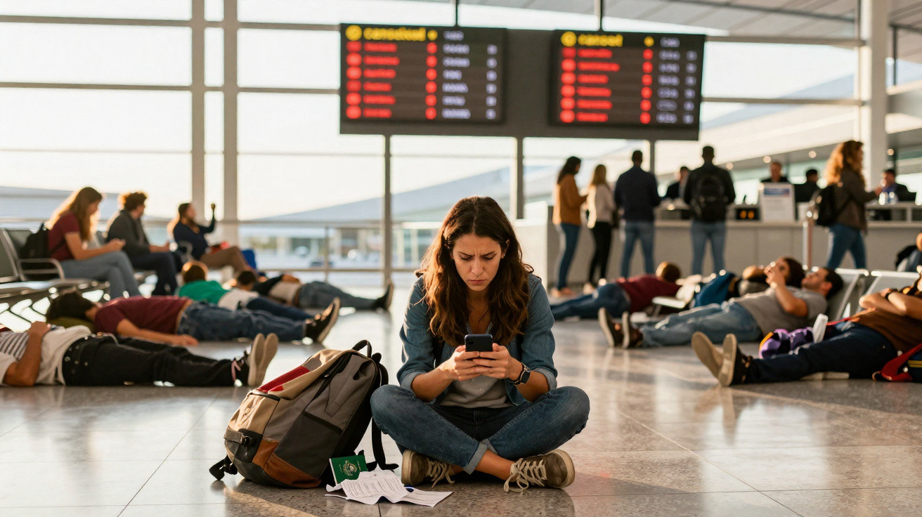 Mulher sentada no chão do aeroporto usando celular, com mochila e documentos, enquanto outros passageiros aguardam.
