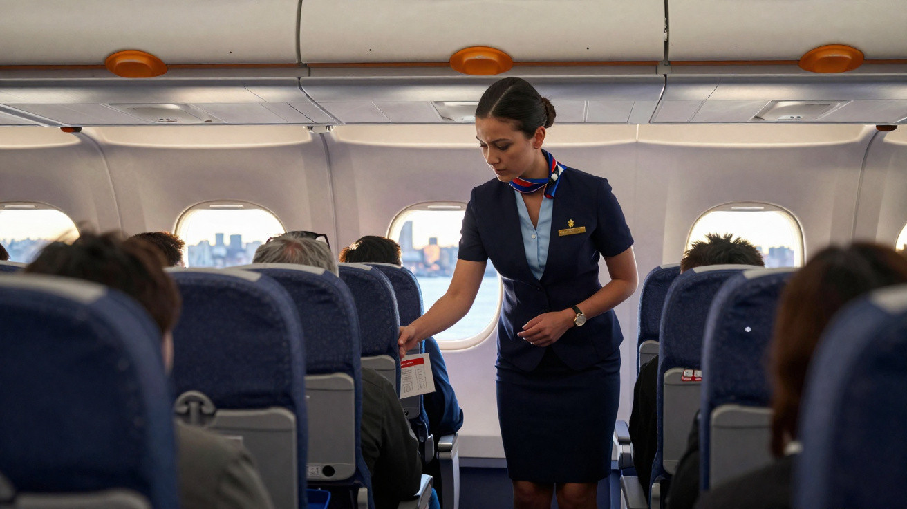 Comissária de bordo entregando um cartão a passageiro em avião durante voo comercial.