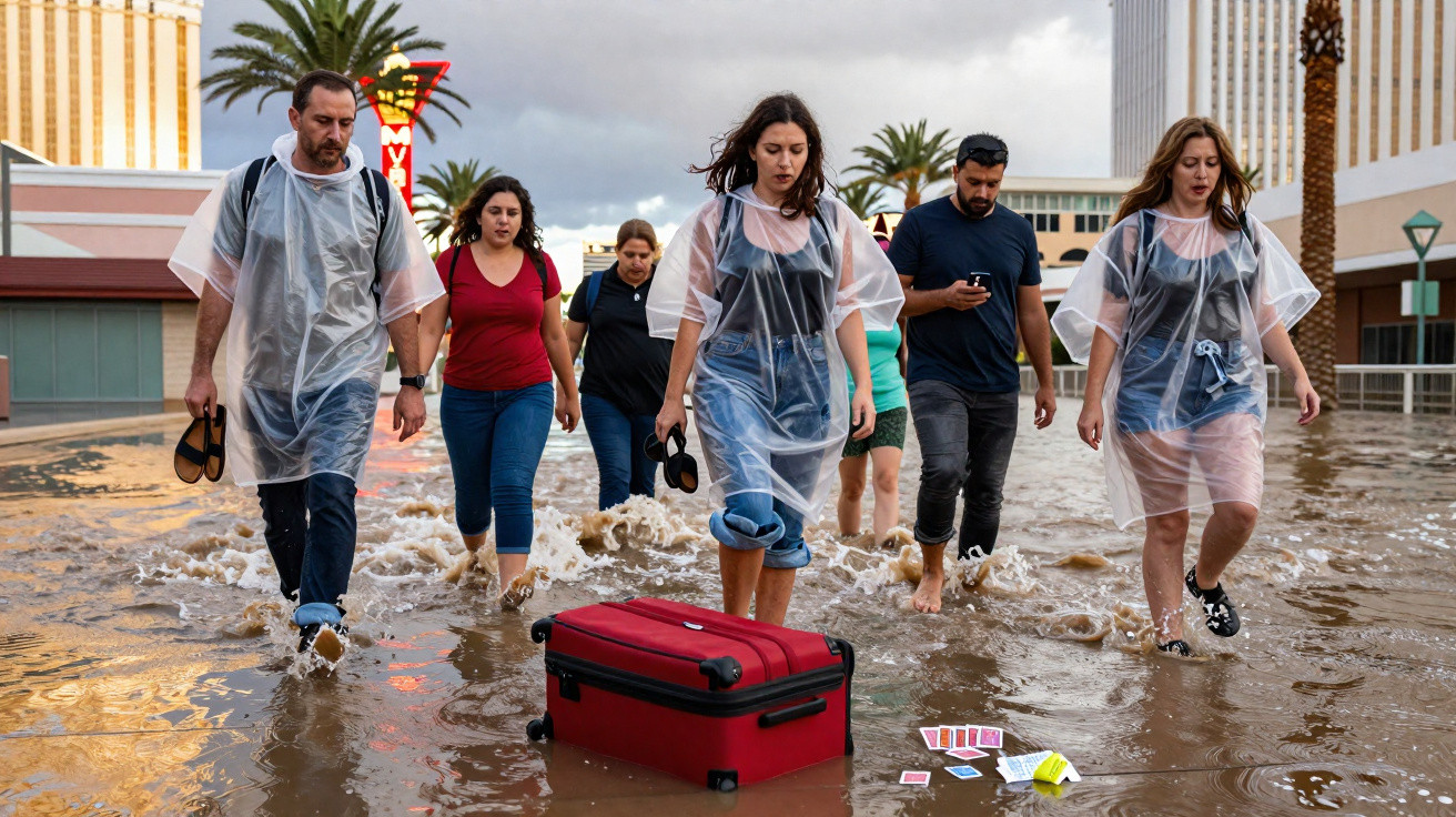 Grupo de pessoas caminhando em enchente urbana carregando sandálias, com mala vermelha e cartas no chão.