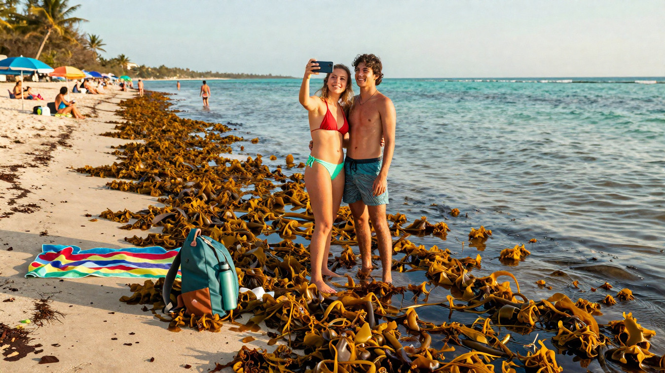 Casal jovem tirando selfie na praia com mar e algas no litoral ensolarado.