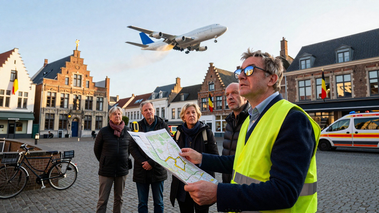 Grupo de pessoas com mapa observa avião sobrevoando praça com arquitetura europeia ao fundo.
