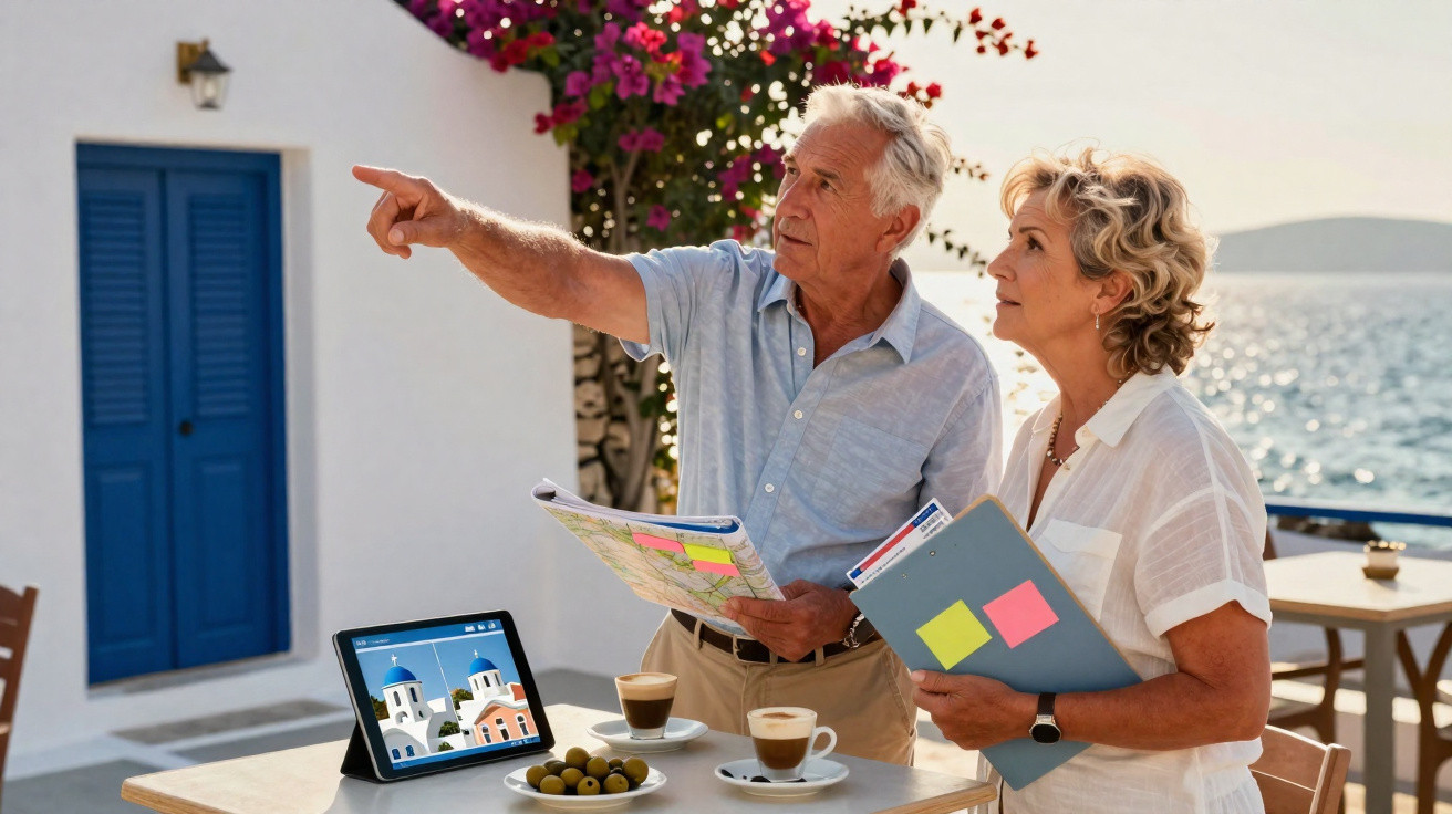 Casal idoso planejando viagem com mapas, tablet e café em mesa externa próxima ao mar.