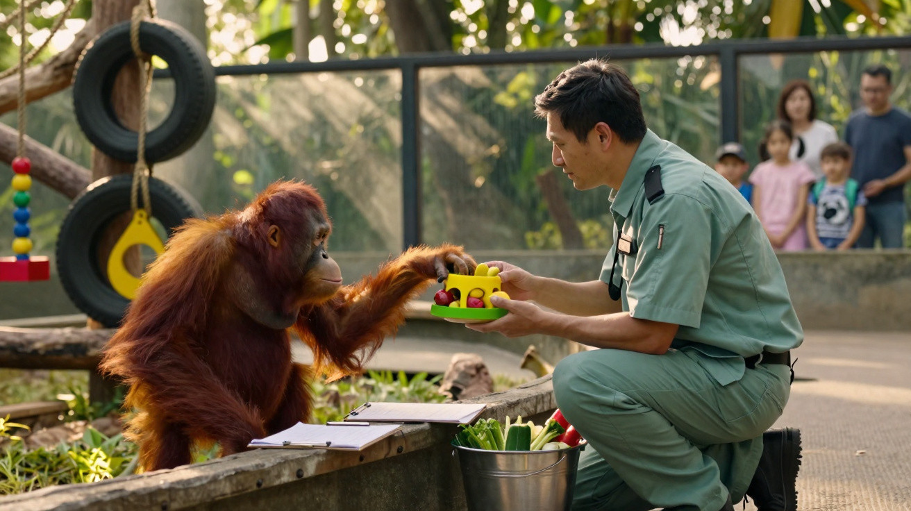 Tratador alimenta orangotango com brinquedo de enriquecimento ambiental em área externa do zoológico.