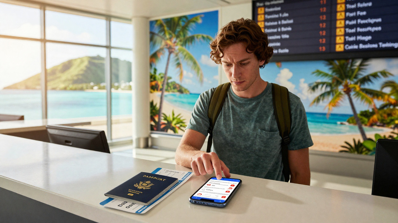 Homem em balcão de aeroporto verificando informações no celular com passaporte e documentos à sua frente.