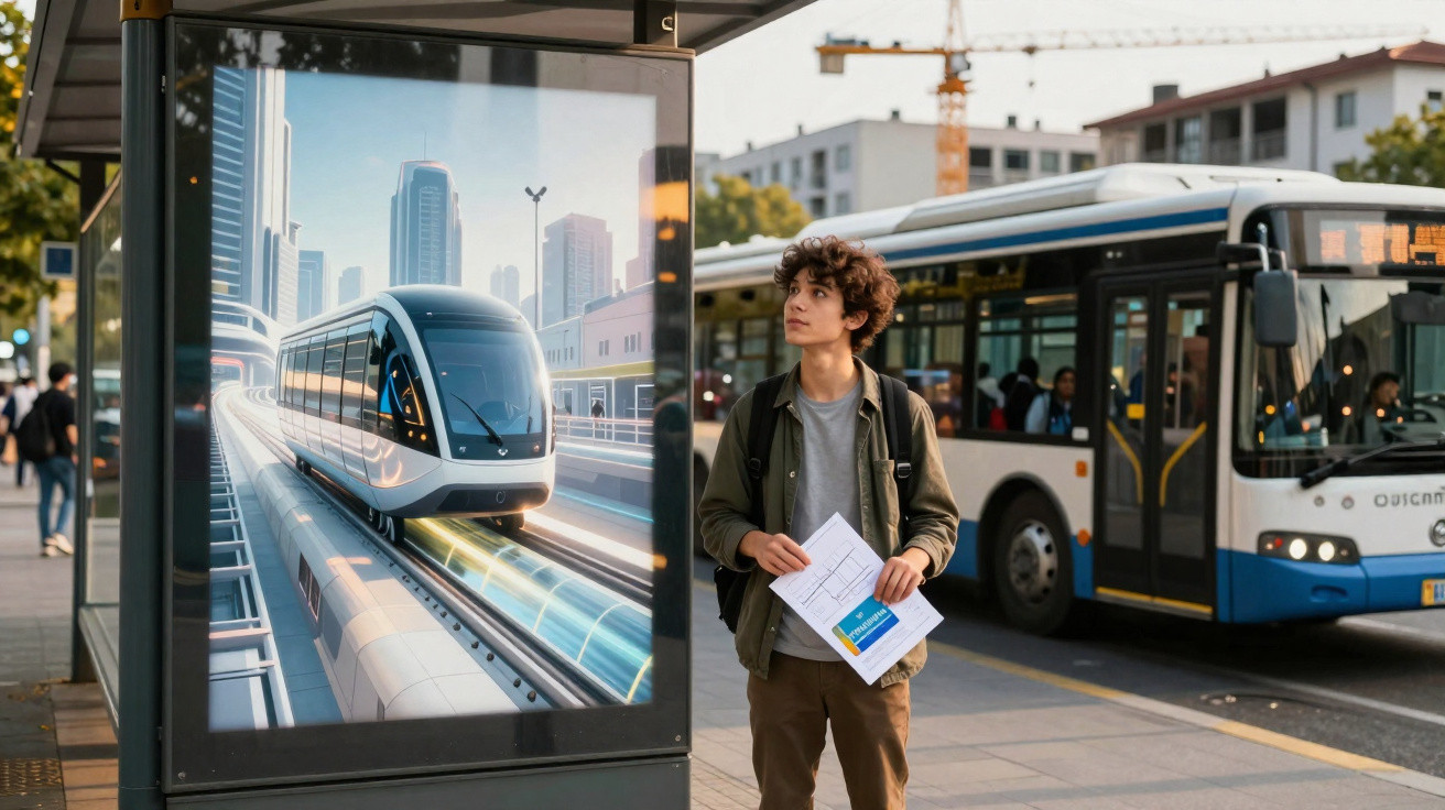 Jovem com mochila e mapas na mão espera próximo a ponto de ônibus com anúncio de trem futurista.