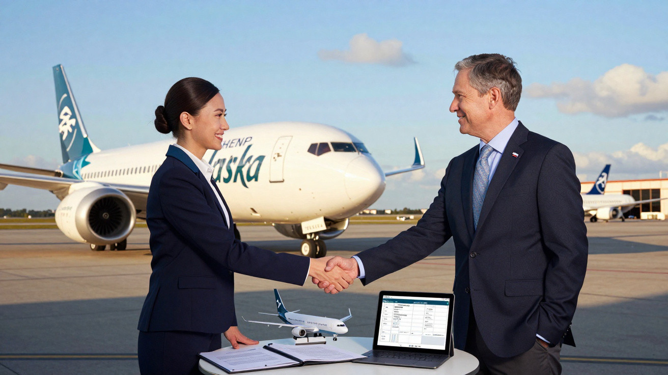 Homem e mulher apertam as mãos em frente a avião Alaska Airlines no aeroporto durante reunião.