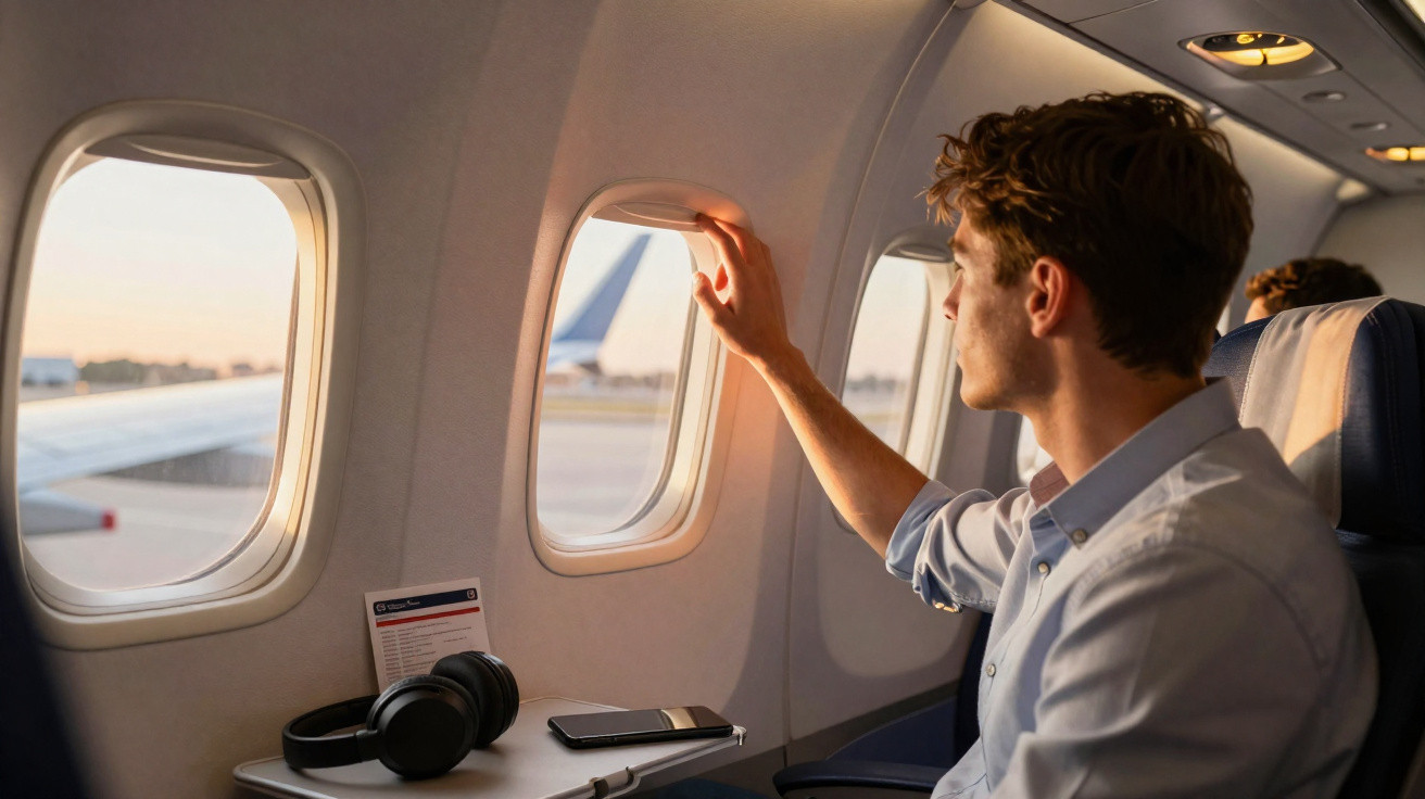 Homem ajustando a persiana da janela em um assento de avião durante o dia.